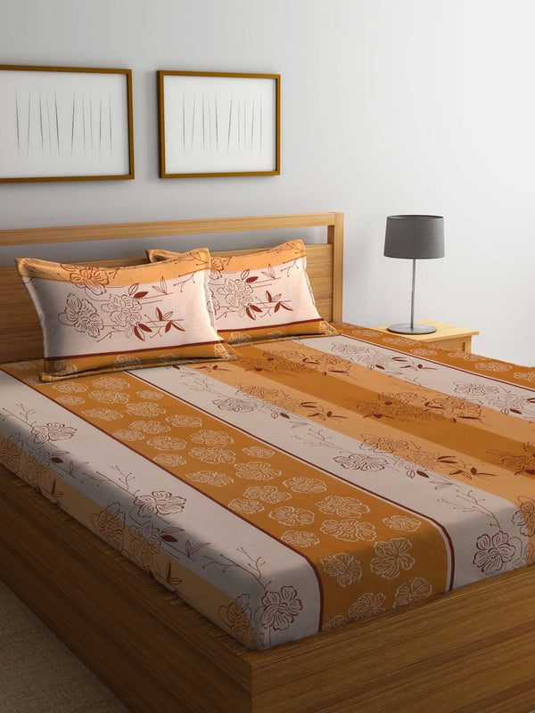 BOMBAY DYEING Beige & Yellow Printed Cotton 104 TC King Bedsheet With 2 Pillow Covers - Distacart