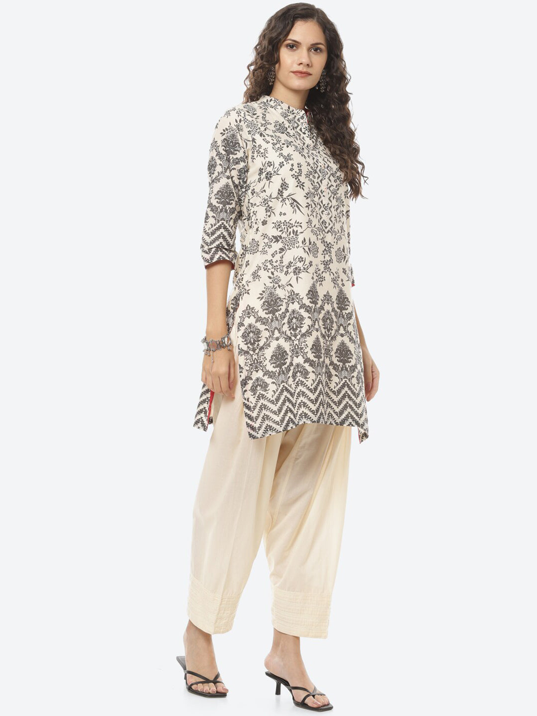 Biba Women Off White Floral Printed Pure Cotton Kurti with Salwar & With Dupatta - Distacart