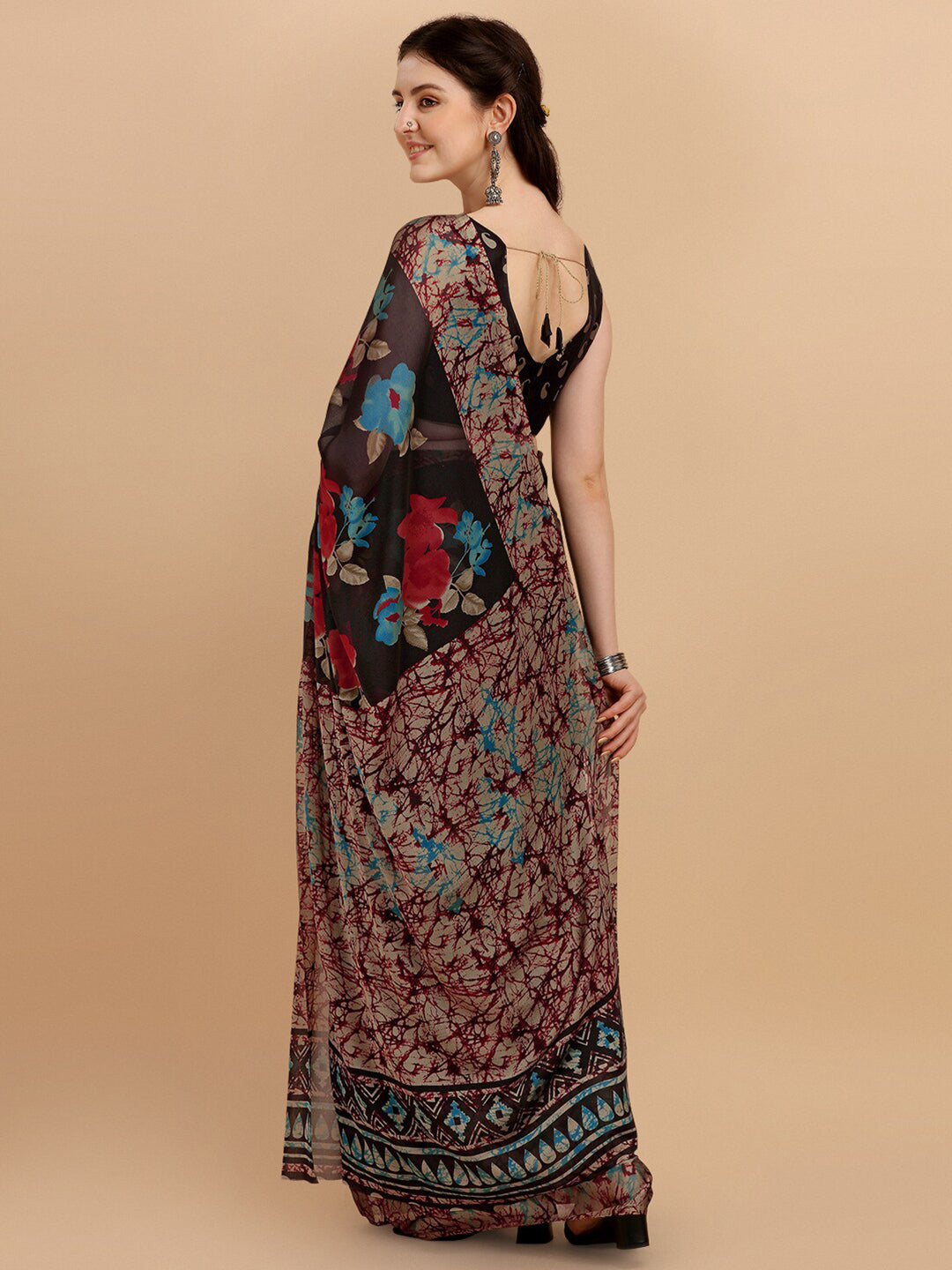 Kalini Black & Red Floral Printed Saree - Distacart