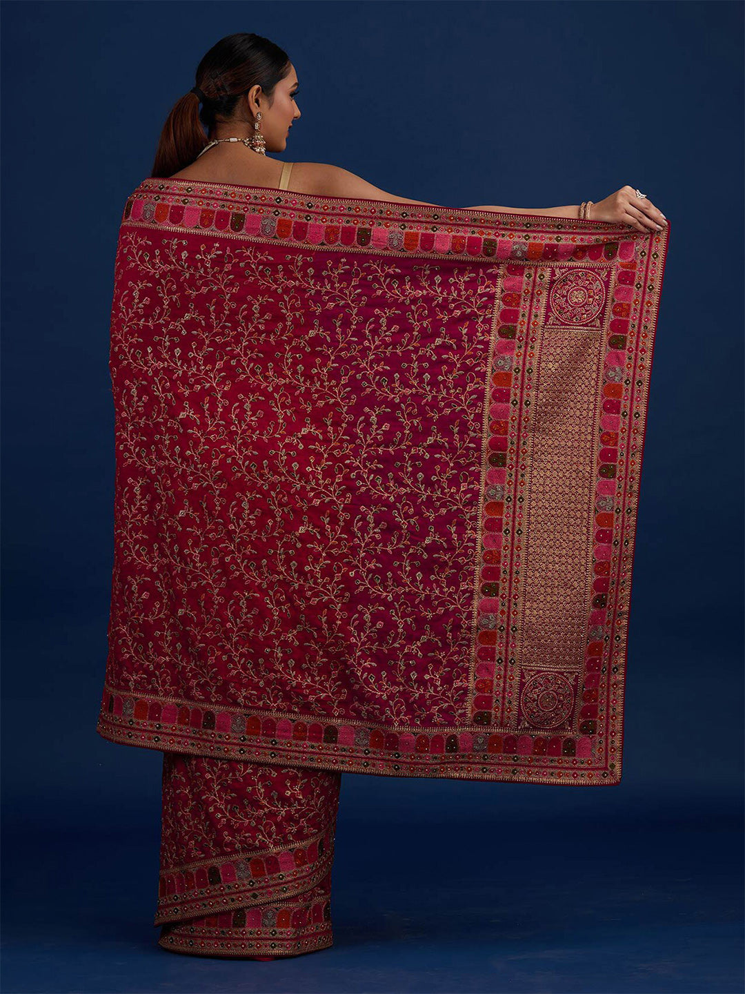 Koskii Pink Floral Embroidered Designer Art Silk Saree - Distacart