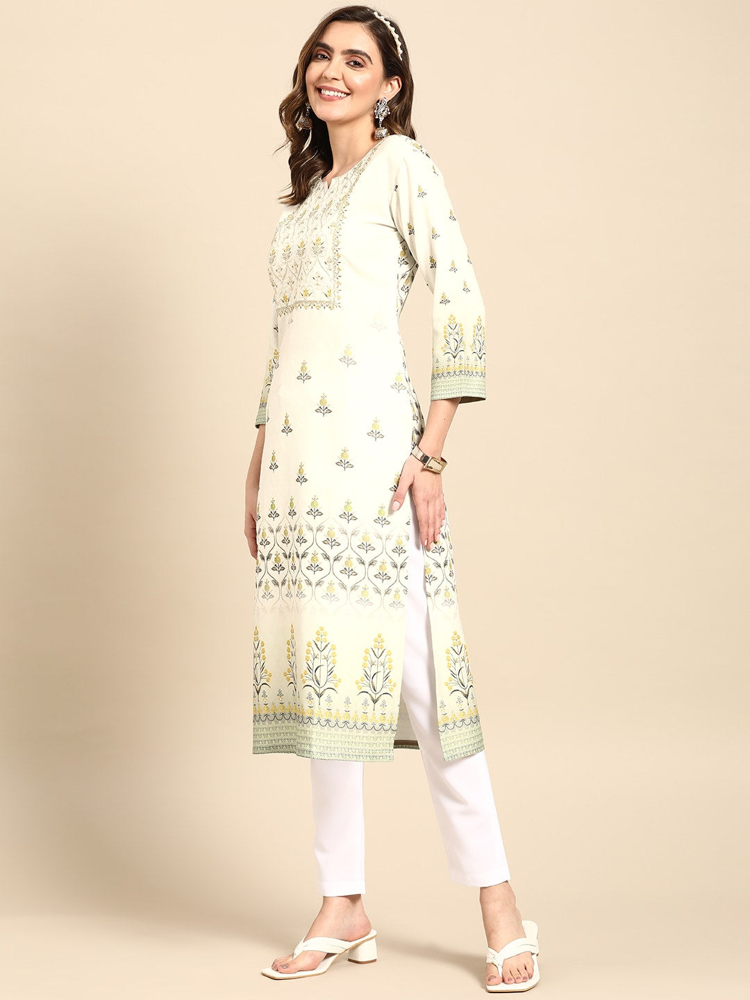 Sangria Women Green Floral Yoke Design Kurta - Distacart