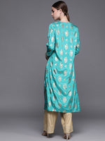 Thumbnail for Biba Women Turquoise Blue Ethnic Motifs Foil Printed Keyhole Neck Kurta - Distacart