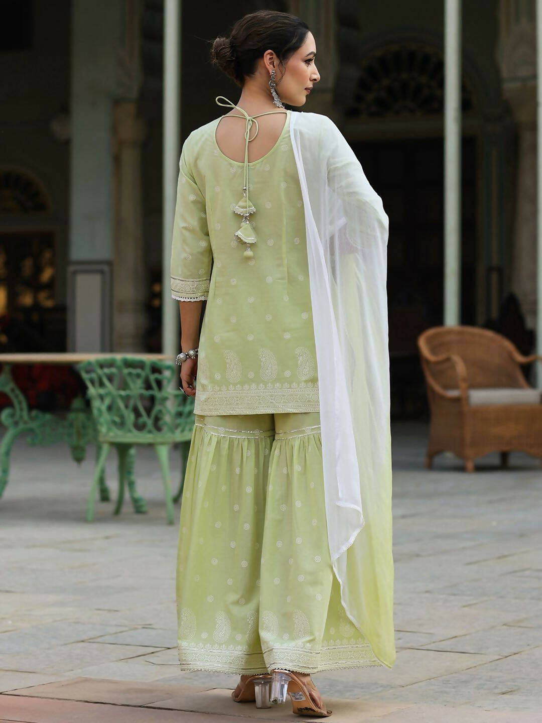 Juniper Women's Lime Green Cambric Floral Print Kurta Sharara Sets - Distacart