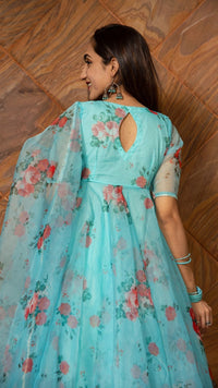 Thumbnail for Pomcha Jaipur Blue And Red Floral Organza Anarkali Set - Distacart