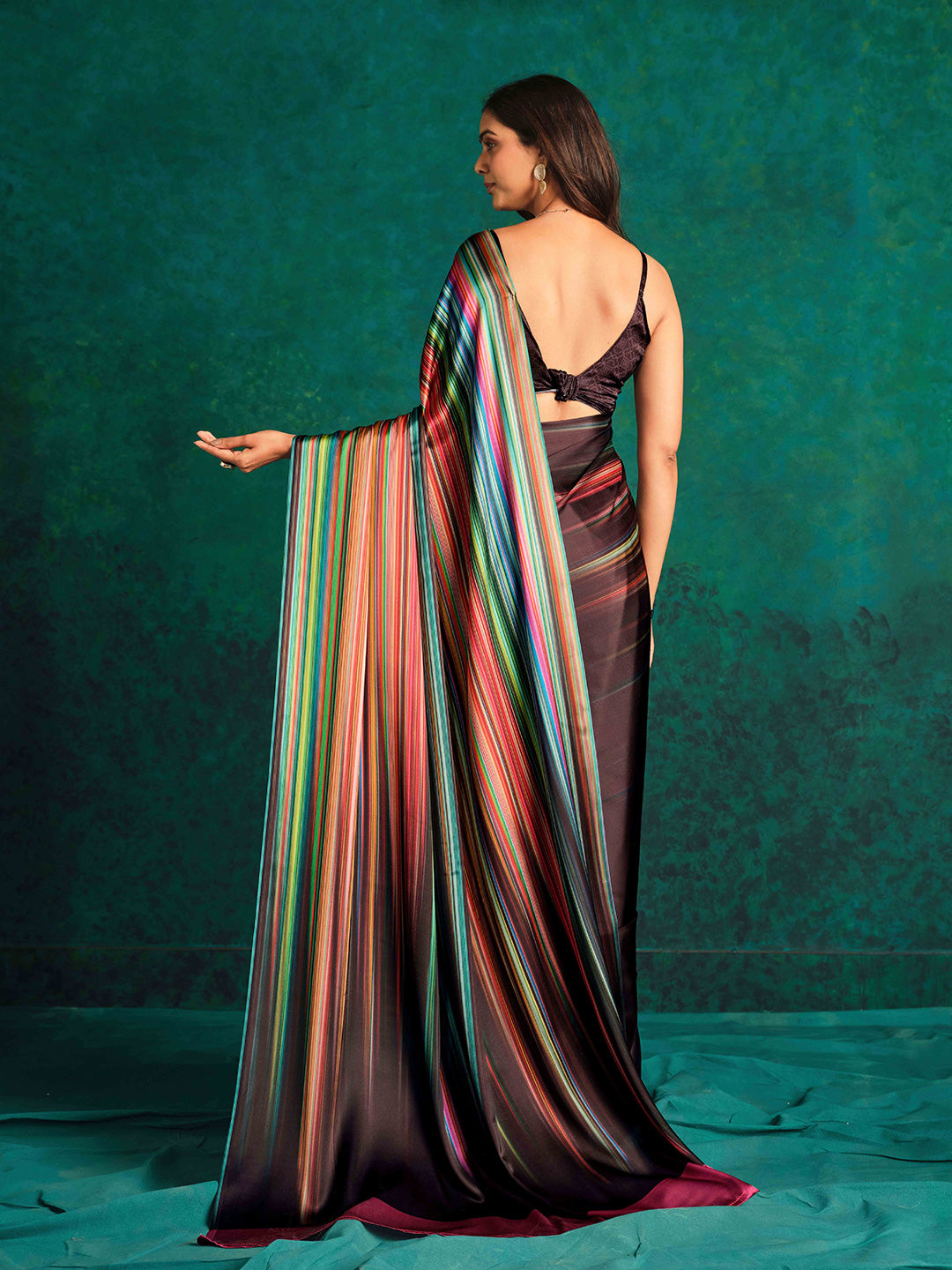 Sangria Striped Digital Printed Satin Saree - Distacart