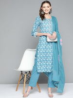Thumbnail for HERE&NOW Women Blue Floral Printed Thread Work Pure Cotton Kurta with Trousers & With Dupatta - Distacart