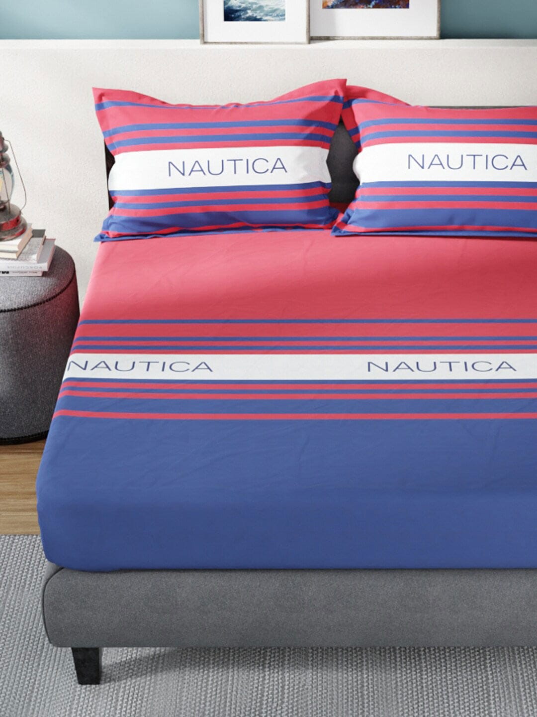 Nautica Bradford Red & Blue Striped 160 TC Pure Cotton King Bedsheet & 2 Pillow Covers - Distacart