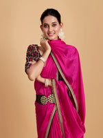 Thumbnail for Sangria Pink & Beige Embellished Border Zari Silk Blend Saree - Distacart