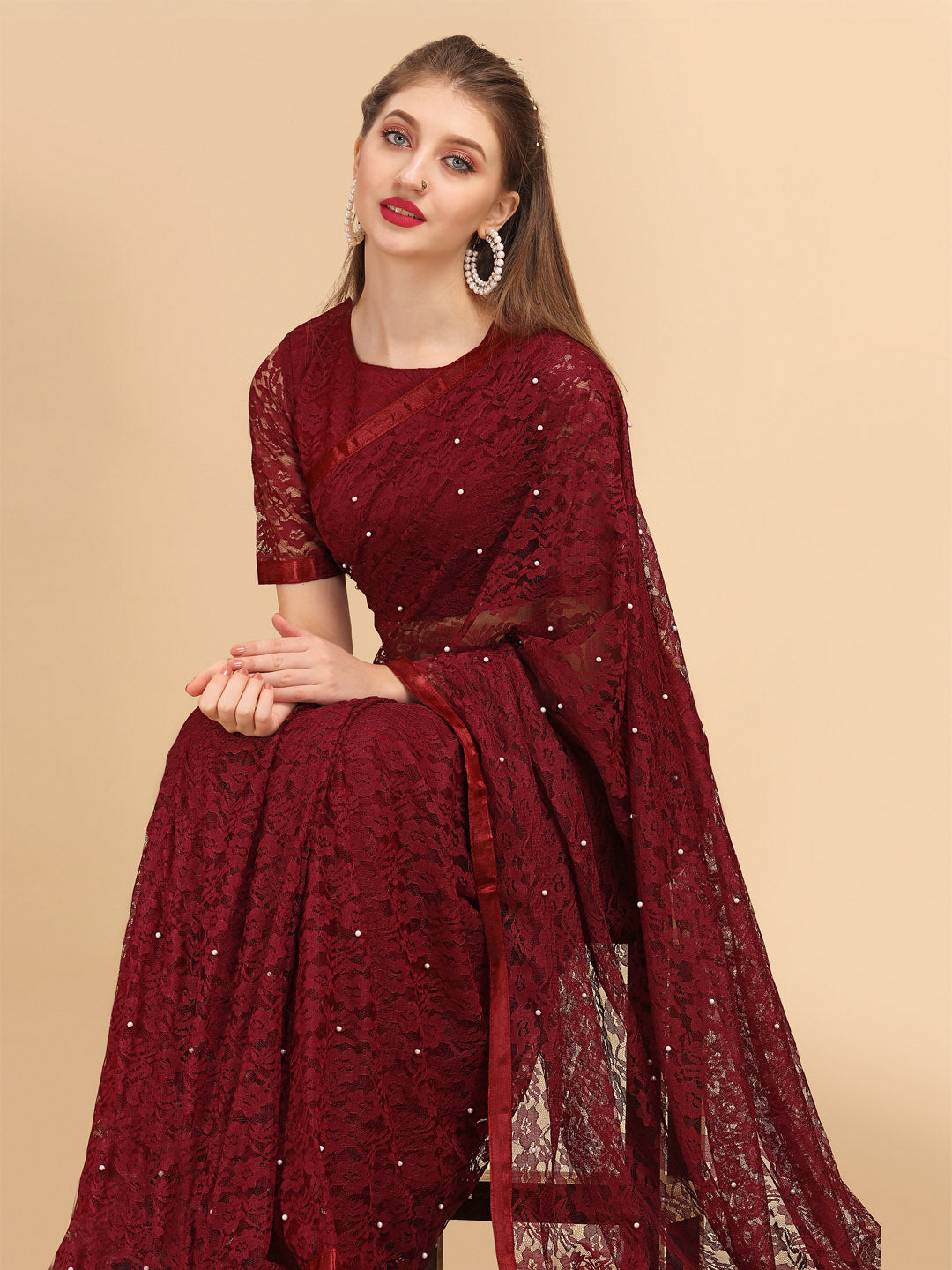 Sangria Maroon Floral Self Design Lace Saree - Distacart