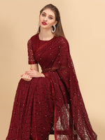 Thumbnail for Sangria Maroon Floral Self Design Lace Saree - Distacart