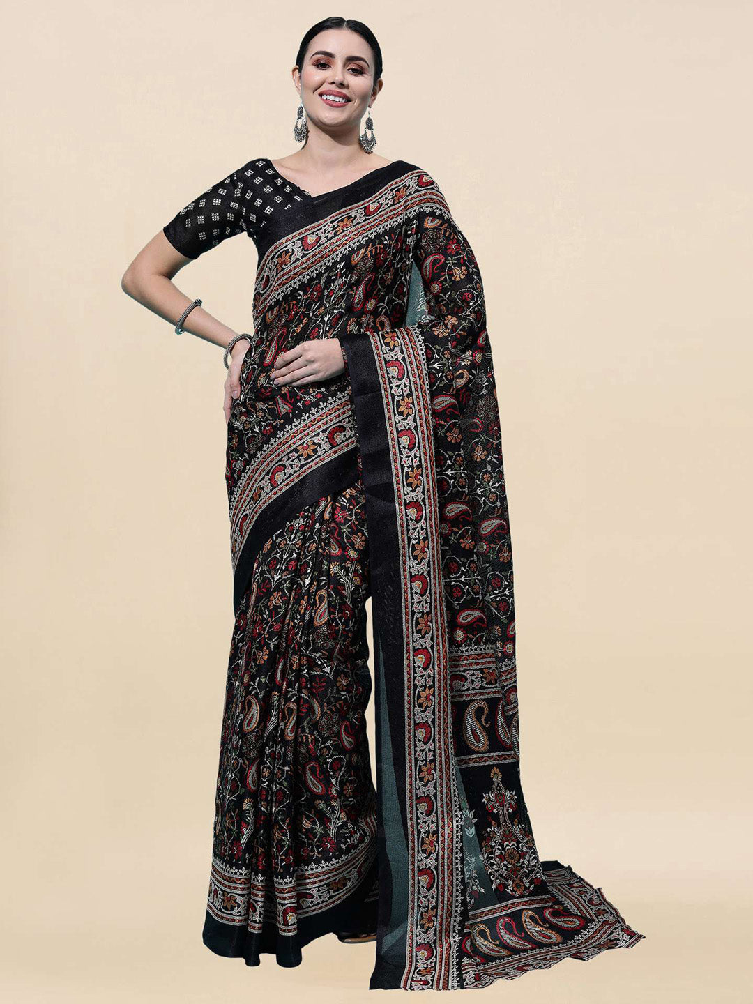 Kalini Black & Red Floral Jute Silk Ikat Saree - Distacart