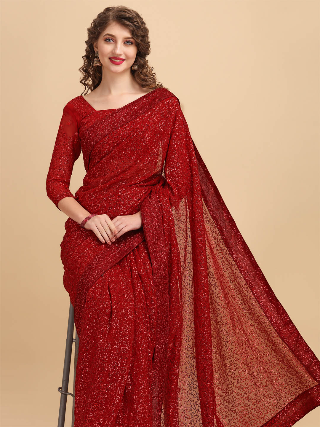 Sangria Maroon Embellished Sequinned Pure Georgette Saree - Distacart