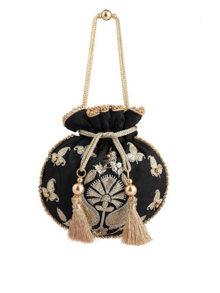 Masq Black & Gold-Toned Embroidered Potli Clutch - Distacart