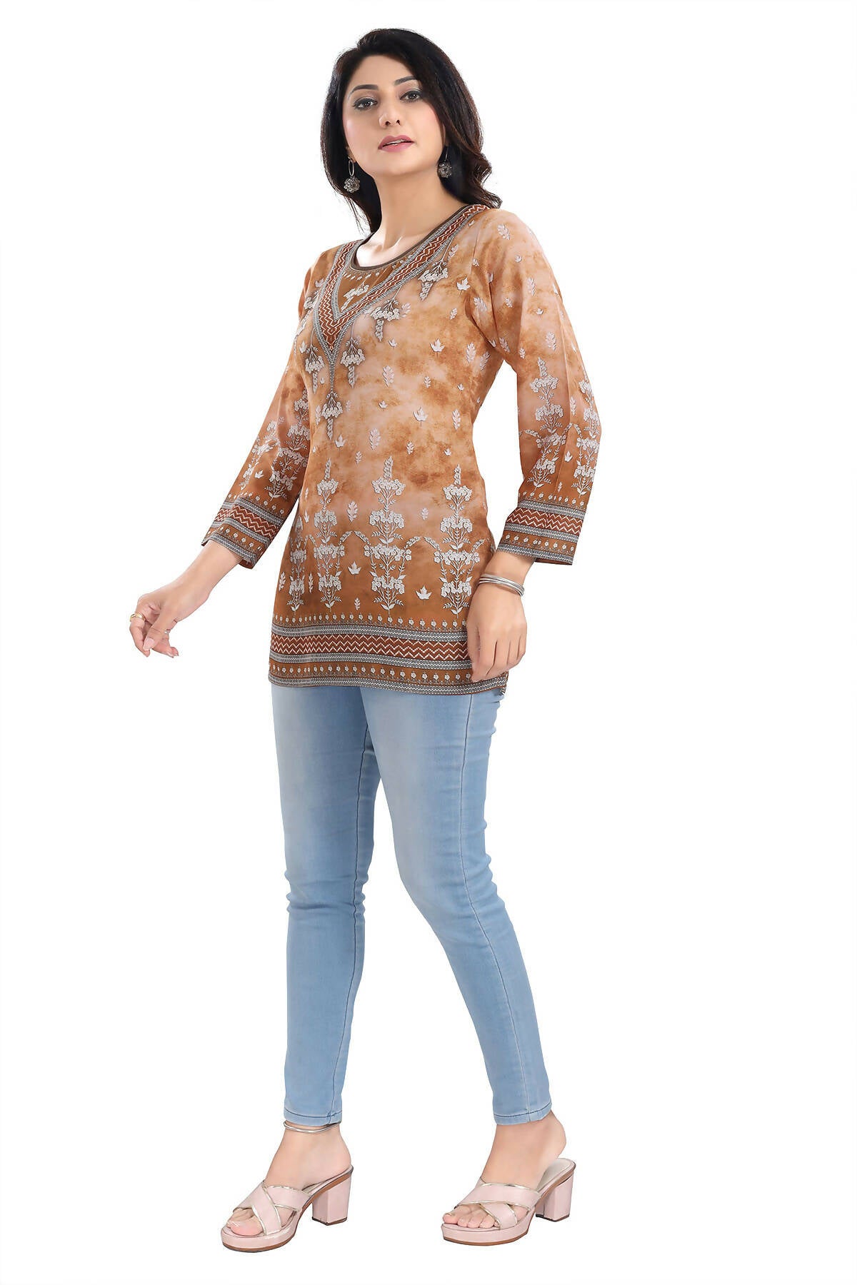 Snehal Creations Rustic Brown Faux Crepe Printed Short Kurti Tunic Top - Distacart