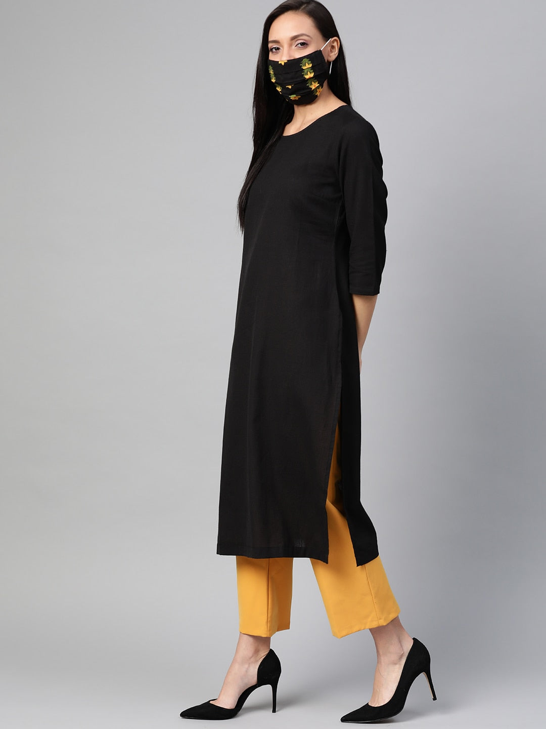 HERE&NOW Women Black Solid Straight Kurta - Distacart