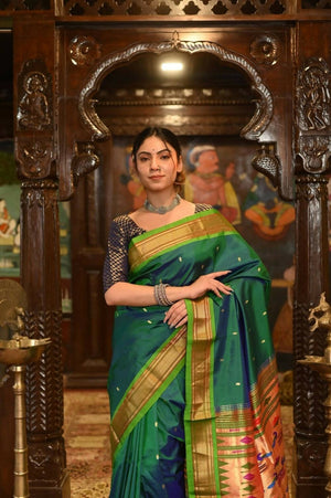 Very Much Indian Pure Silk Paithani - Dual Tone Blue Green - Distacart