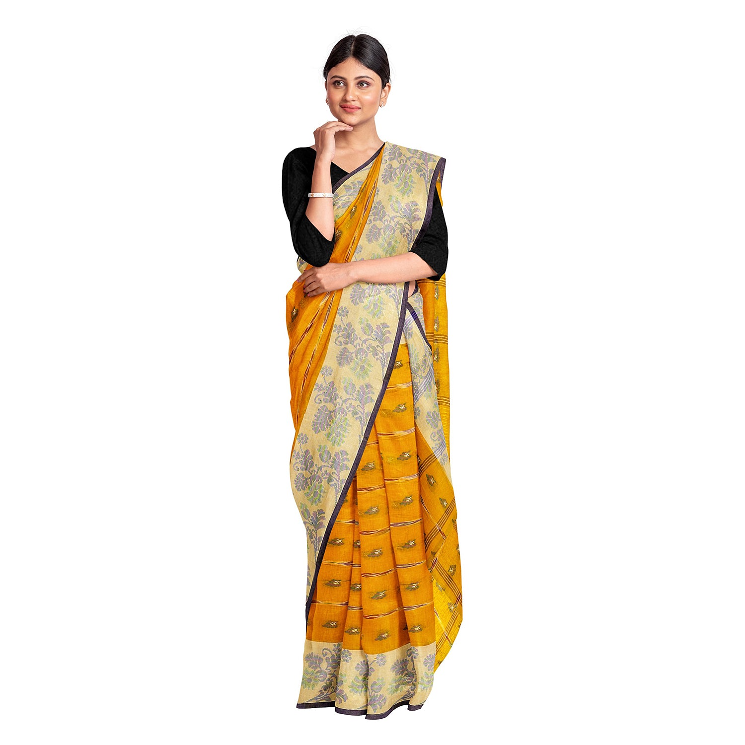 Exclusive Collection 100% Pure Cotton Yellow Tant Saree With Hand Weaving Work - Distacart