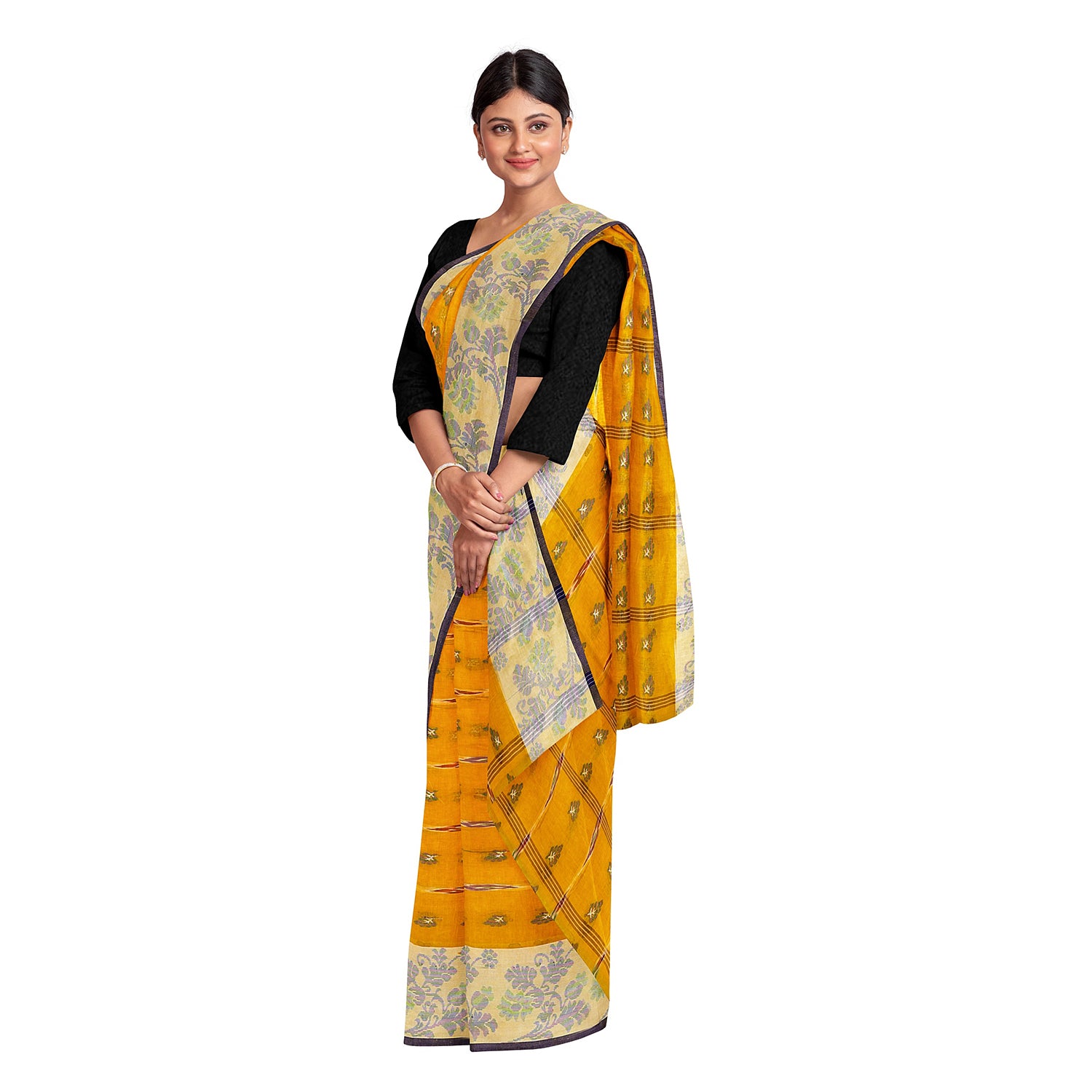 Exclusive Collection 100% Pure Cotton Yellow Tant Saree With Hand Weaving Work - Distacart