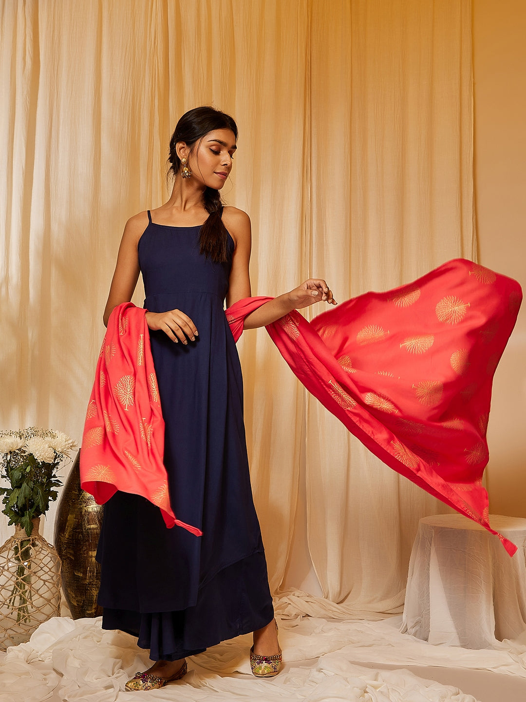 InWeave Women's Navy Blue Strappy Kurta Palazzo Set With Red Gold Dupatta - Distacart