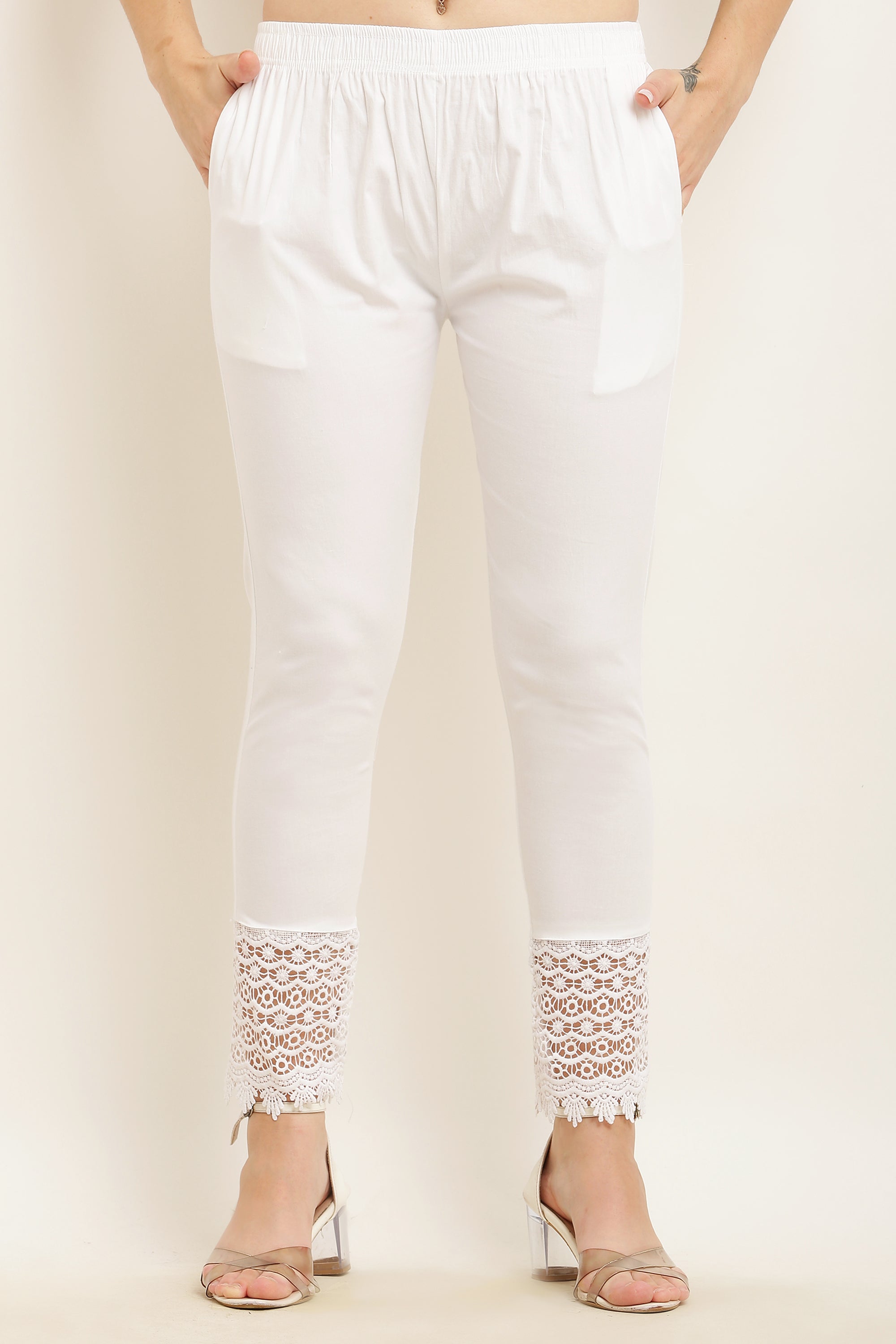 PAVONINE White Color Dot Kirosia Lace Hem Cotton Fabric Palazzo For Women - Distacart