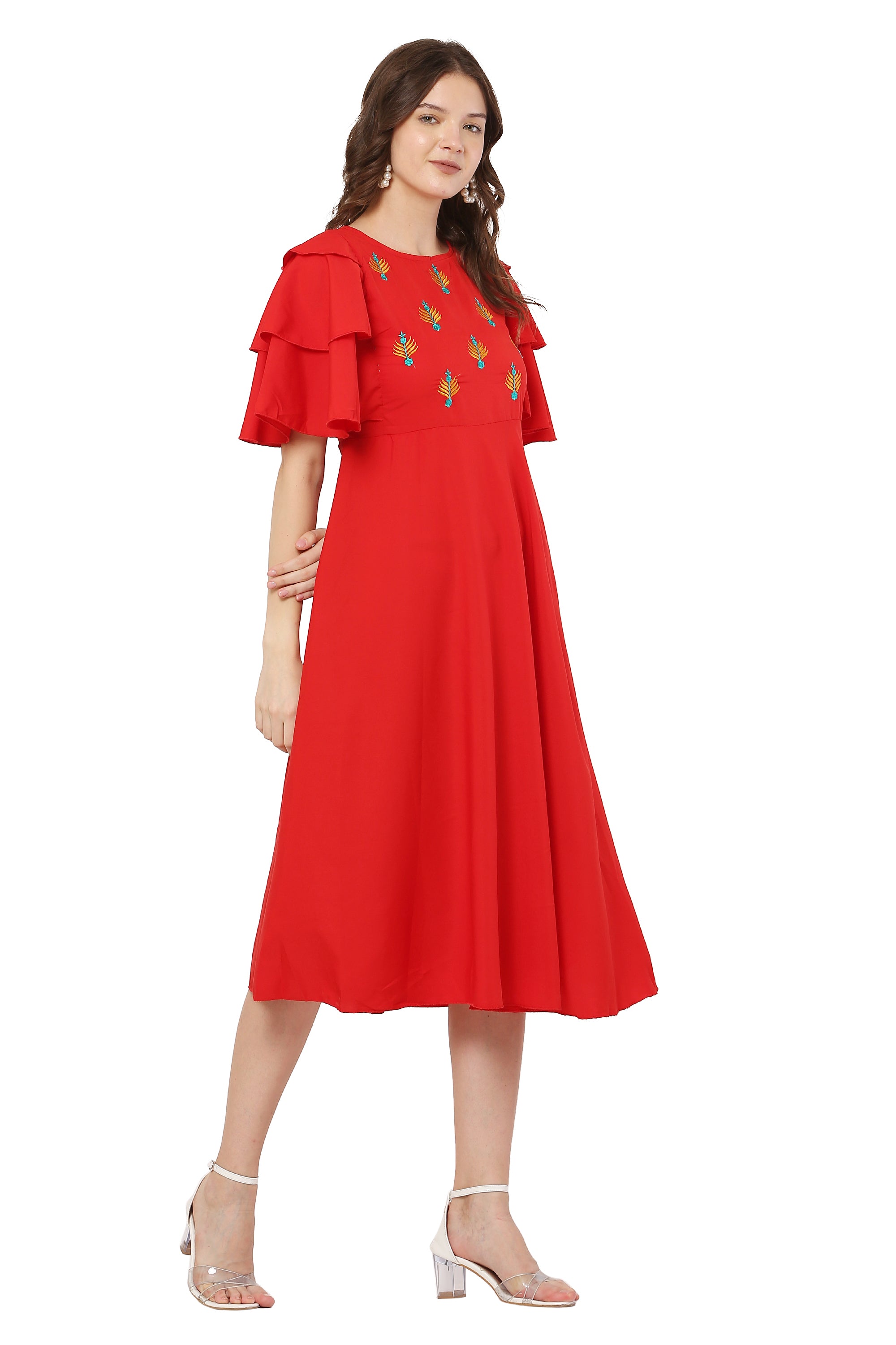 PAVONINE Red Color Crepe Fabric Embroidery Dress For Women - Distacart