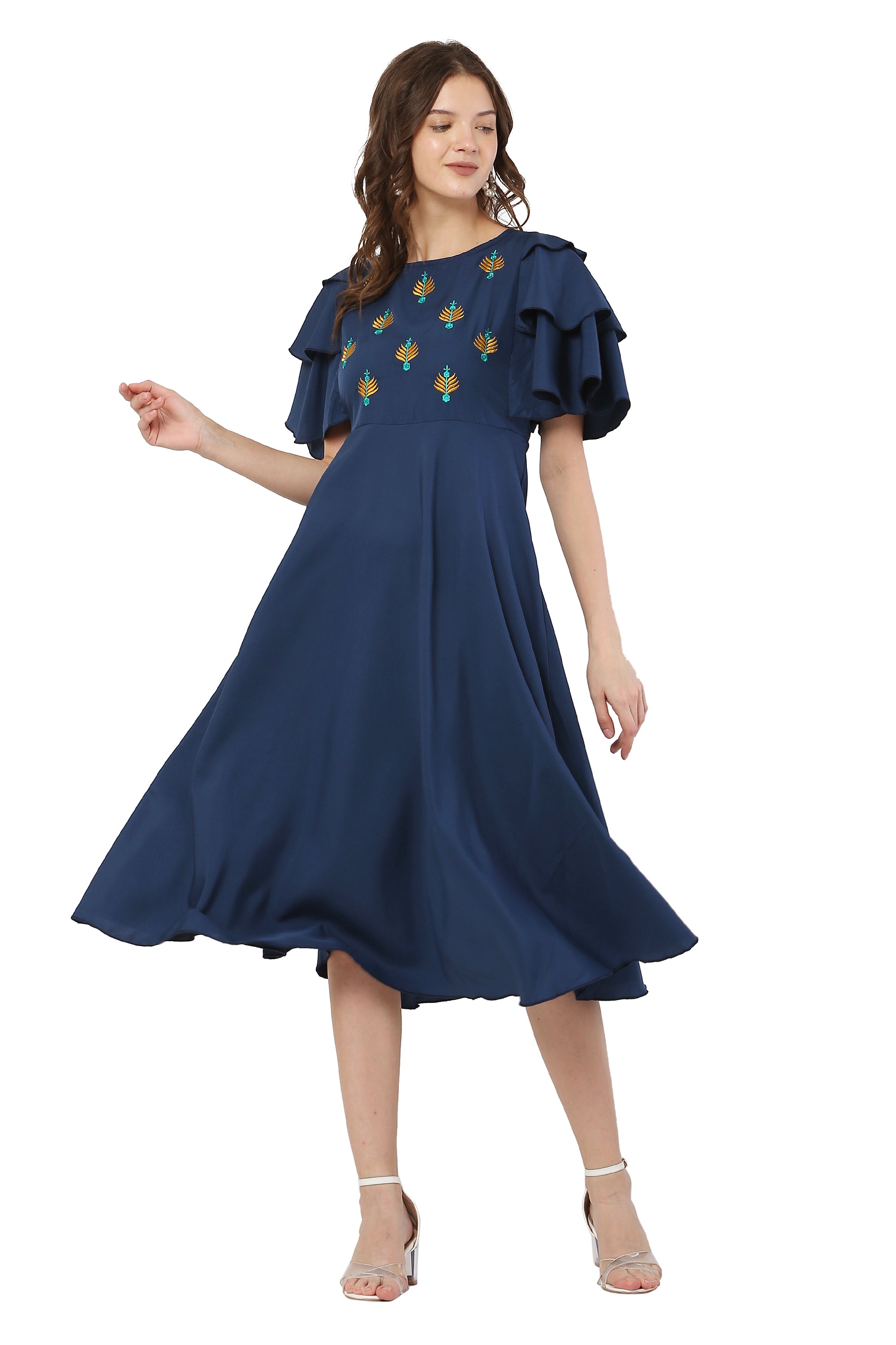 PAVONINE Navy Blue Color Crepe Fabric Embroidery Dress For Women - Distacart