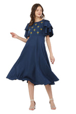 Thumbnail for PAVONINE Navy Blue Color Crepe Fabric Embroidery Dress For Women - Distacart