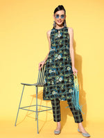Thumbnail for Sangria Women Ink Black Printed Parade Pure Cotton Kurta with Trousers - Distacart