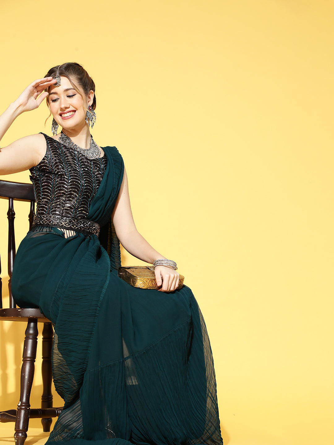 Saree Mall Teal Green & Black Solid Poly Georgette Party Saree with Matching Blouse - Distacart