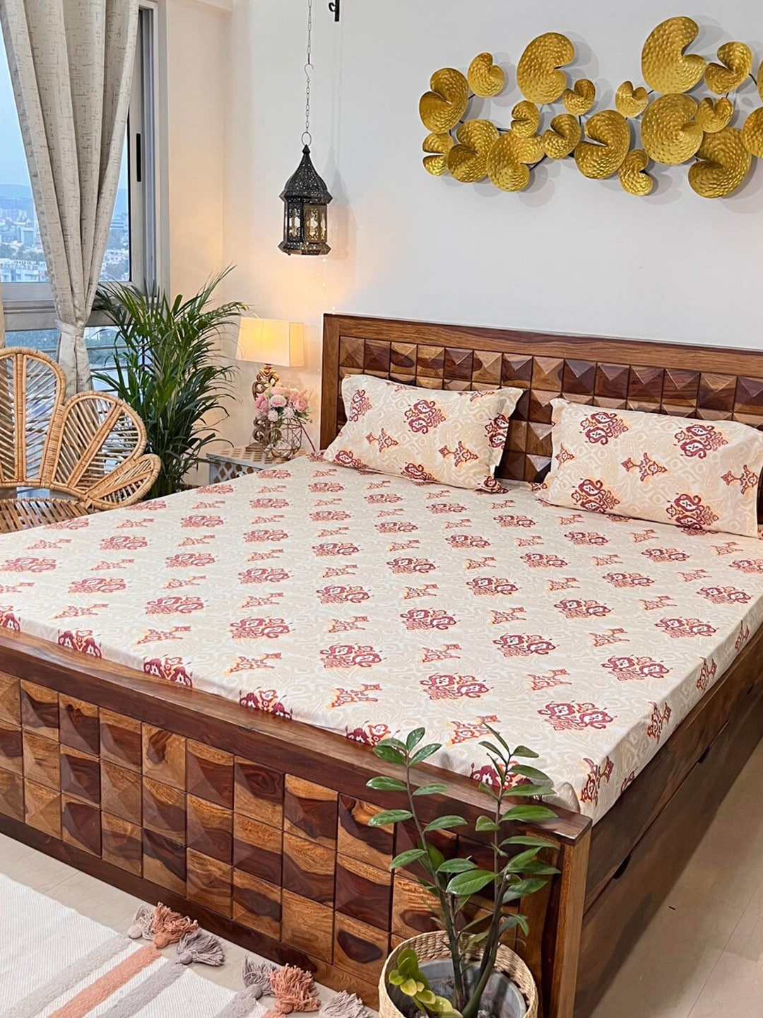 URBAN SPACE Divine White Ethnic Motifs 144 TC Cotton Queen Bedsheet & 2 Pillow Covers - Distacart