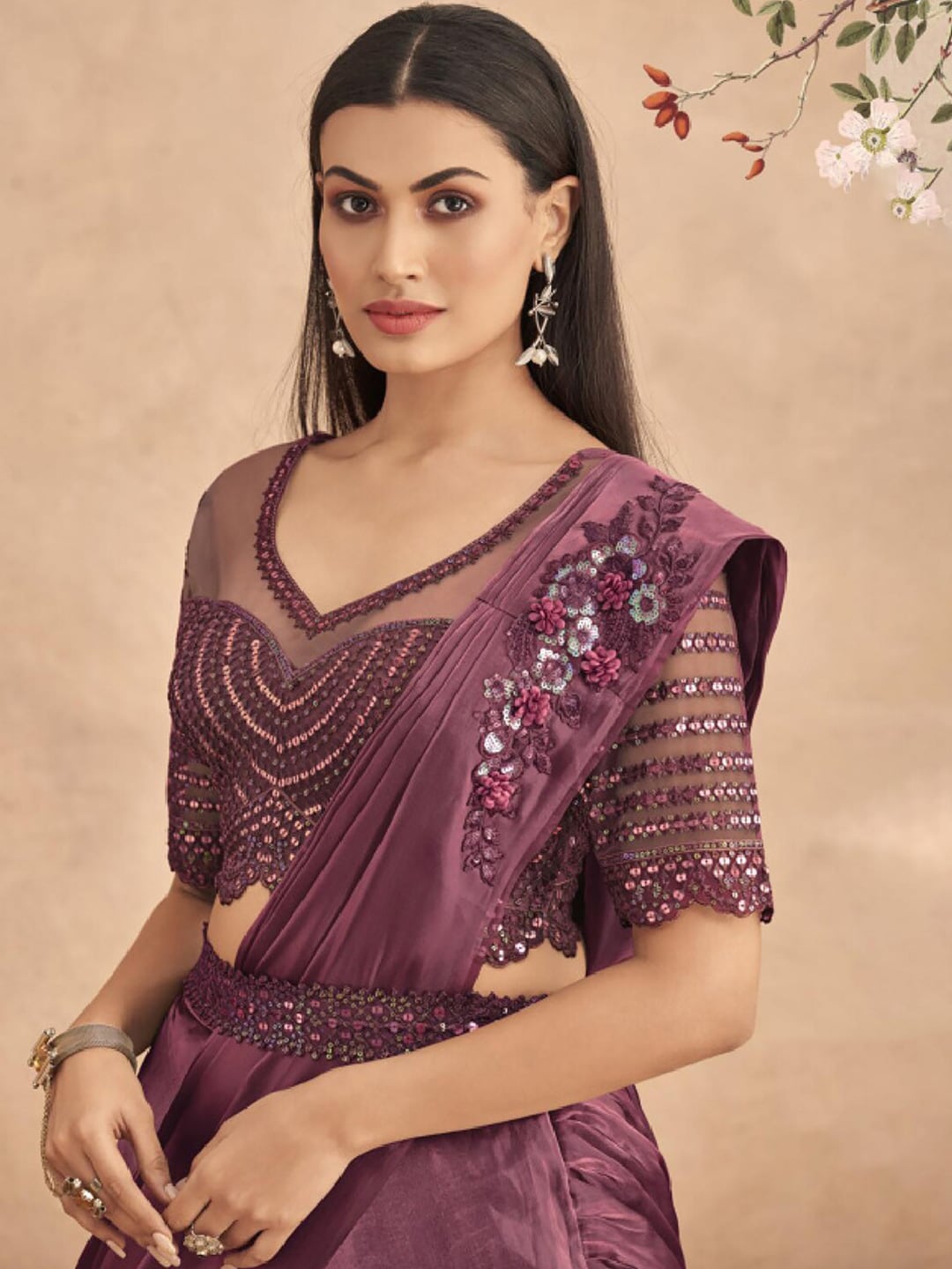 Mitera Magenta Embellished Patchwork Satin Lehenga Saree - Distacart