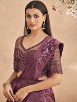 Thumbnail for Mitera Magenta Embellished Patchwork Satin Lehenga Saree - Distacart