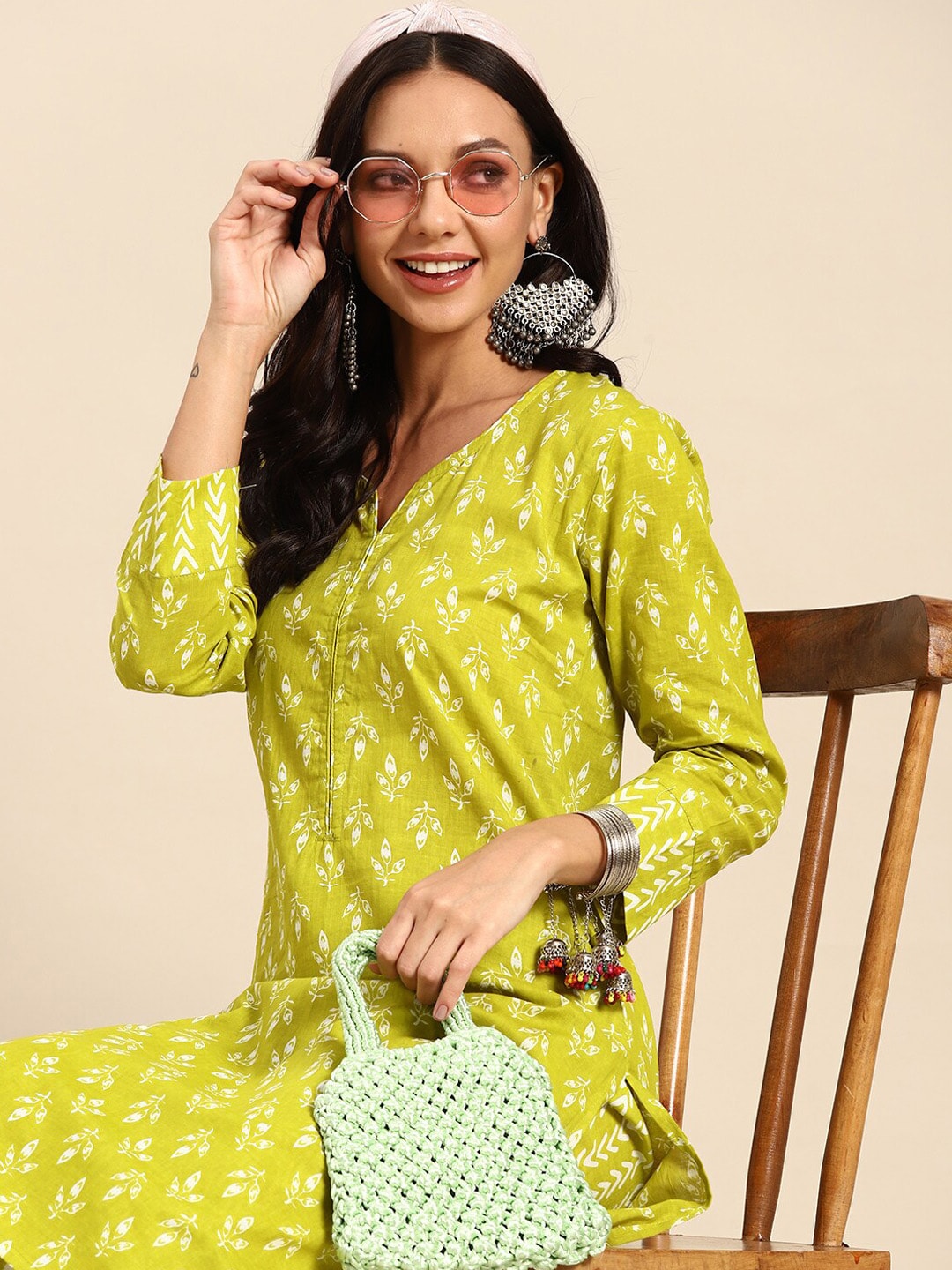 Sangria Green Ethnic Motifs Printed Pure Cotton V-Neck Straight Kurta With Trouser - Distacart