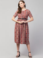 Thumbnail for PAVONINE Maroon Color Jaipuri Print Belt Dress For Women - Distacart