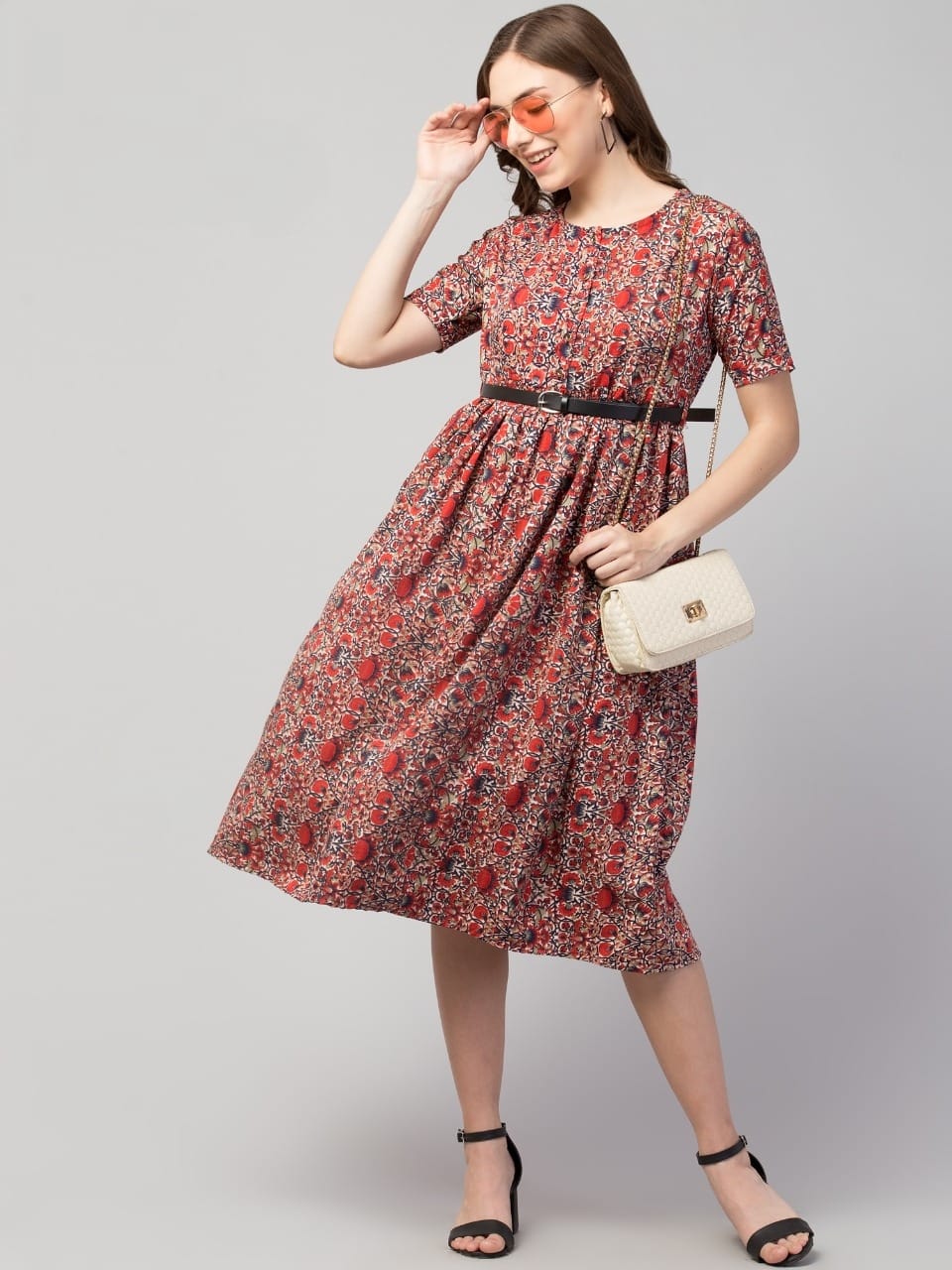 PAVONINE Maroon Color Jaipuri Print Belt Dress For Women - Distacart