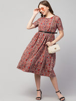 Thumbnail for PAVONINE Maroon Color Jaipuri Print Belt Dress For Women - Distacart