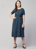 Thumbnail for PAVONINE Navy Blue Color Jaipuri Print Belt Dress For Women - Distacart