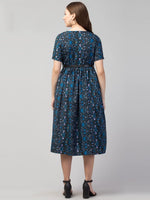 Thumbnail for PAVONINE Navy Blue Color Jaipuri Print Belt Dress For Women - Distacart