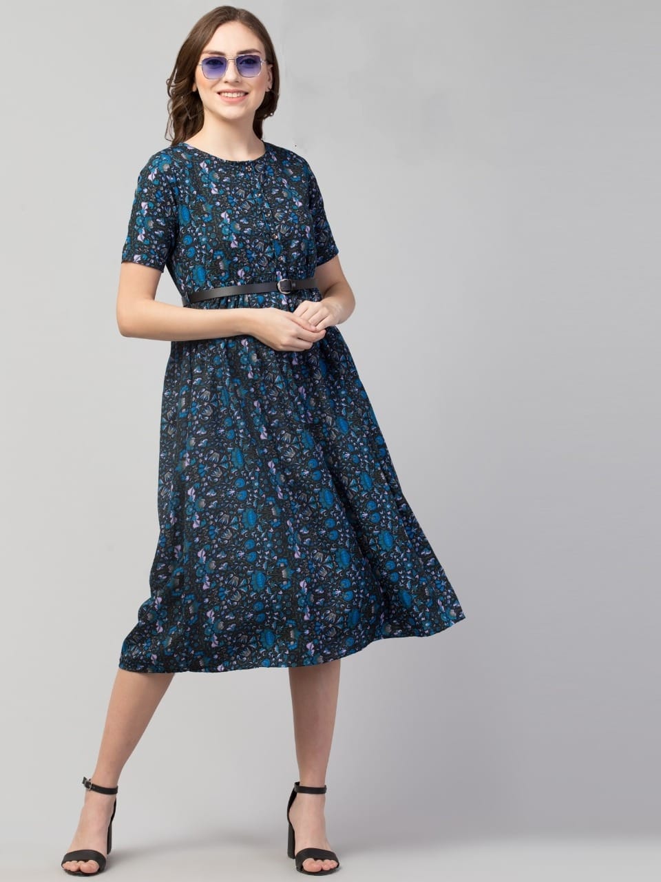 PAVONINE Navy Blue Color Jaipuri Print Belt Dress For Women - Distacart