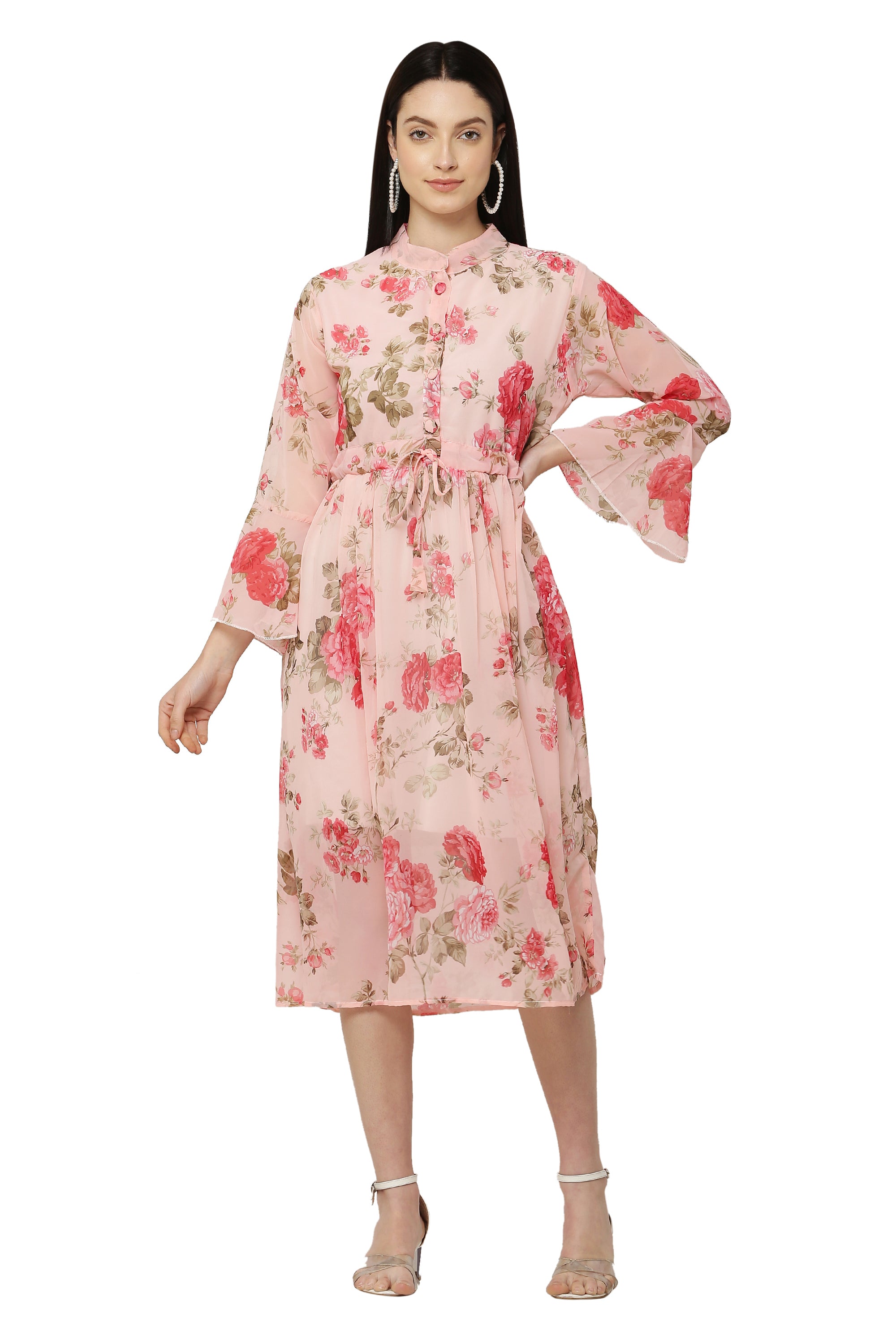 PAVONINE Peach Color Flower Printed Straight Dress For Women - Distacart