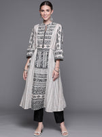 Thumbnail for Biba Women Beige & Black Pure Cotton Geometric Printed Bell Sleeves Kurta - Distacart