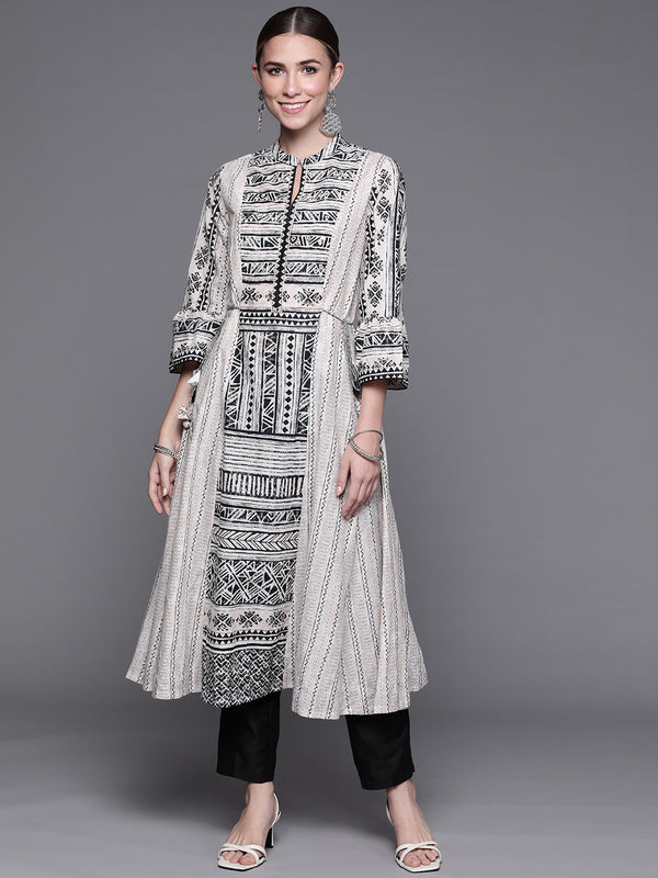 Biba Women Beige & Black Pure Cotton Geometric Printed Bell Sleeves Kurta - Distacart