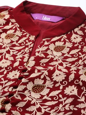Libas Maroon & Golden Embroidered Kurta with Palazzos & Dupatta - Distacart