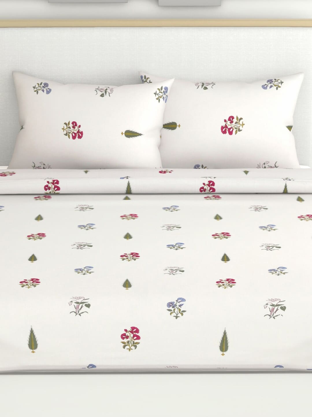 haus & kinder Floral Motifs White & Green 186 TC Cotton Queen Bedsheet & 2 Pillow Covers - Distacart