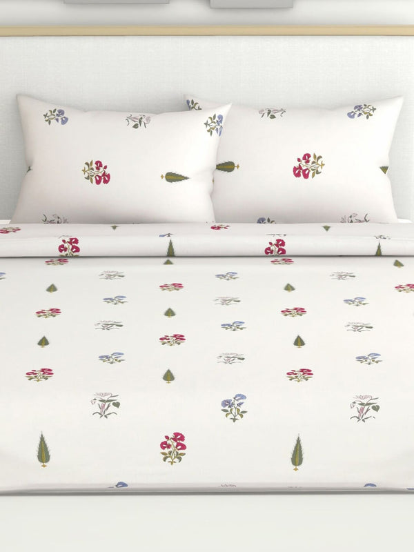 haus & kinder Floral Motifs White & Green 186 TC Cotton Queen Bedsheet & 2 Pillow Covers - Distacart