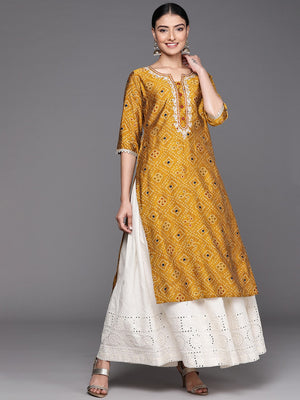 Libas Mustard Yellow Bandhani Print Thread Work Indie Prints Chanderi Silk Kurta - Distacart