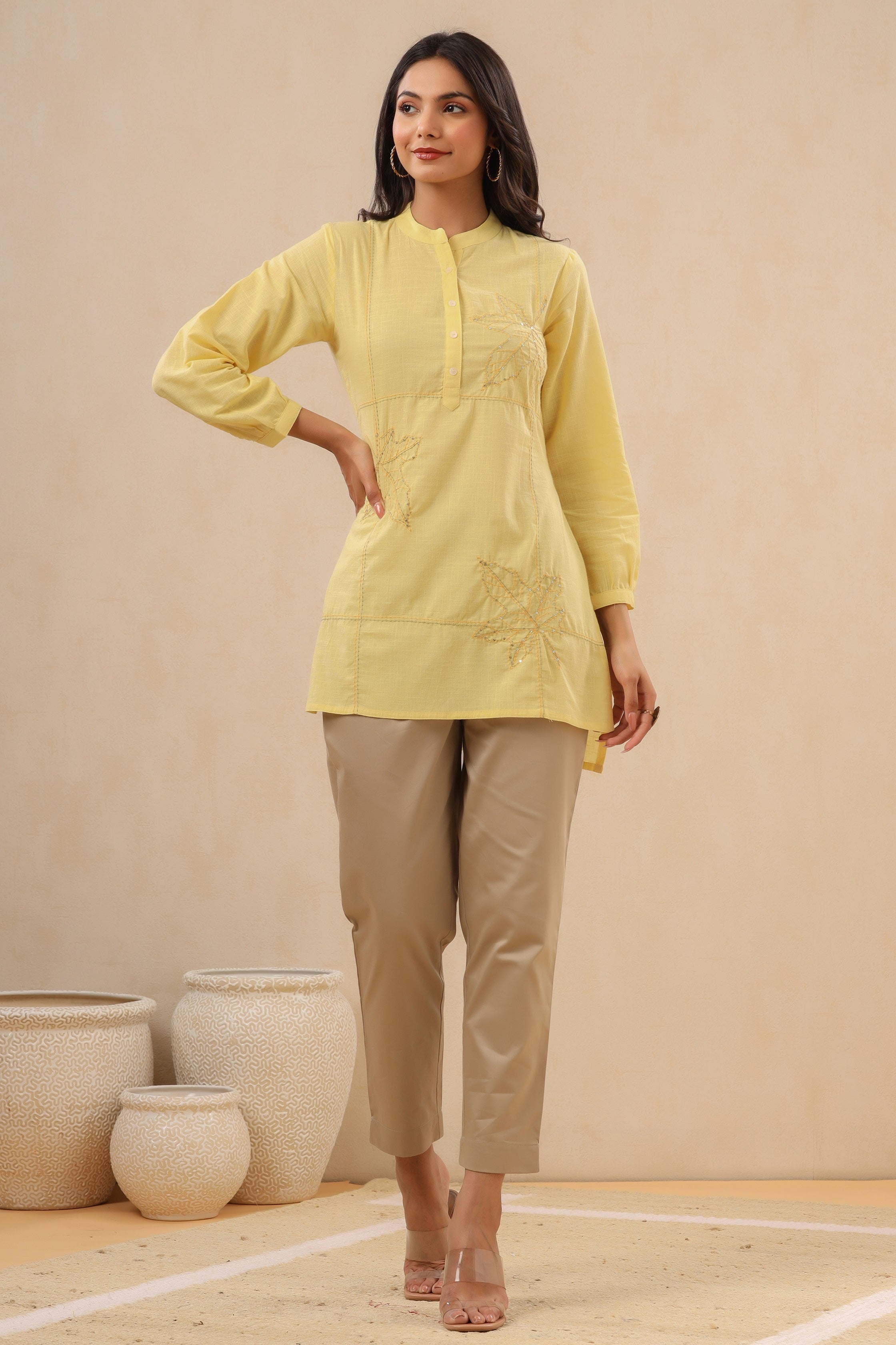 Juniper Womens Yellow Cotton Slub Embroidered High Low Tunic - Distacart