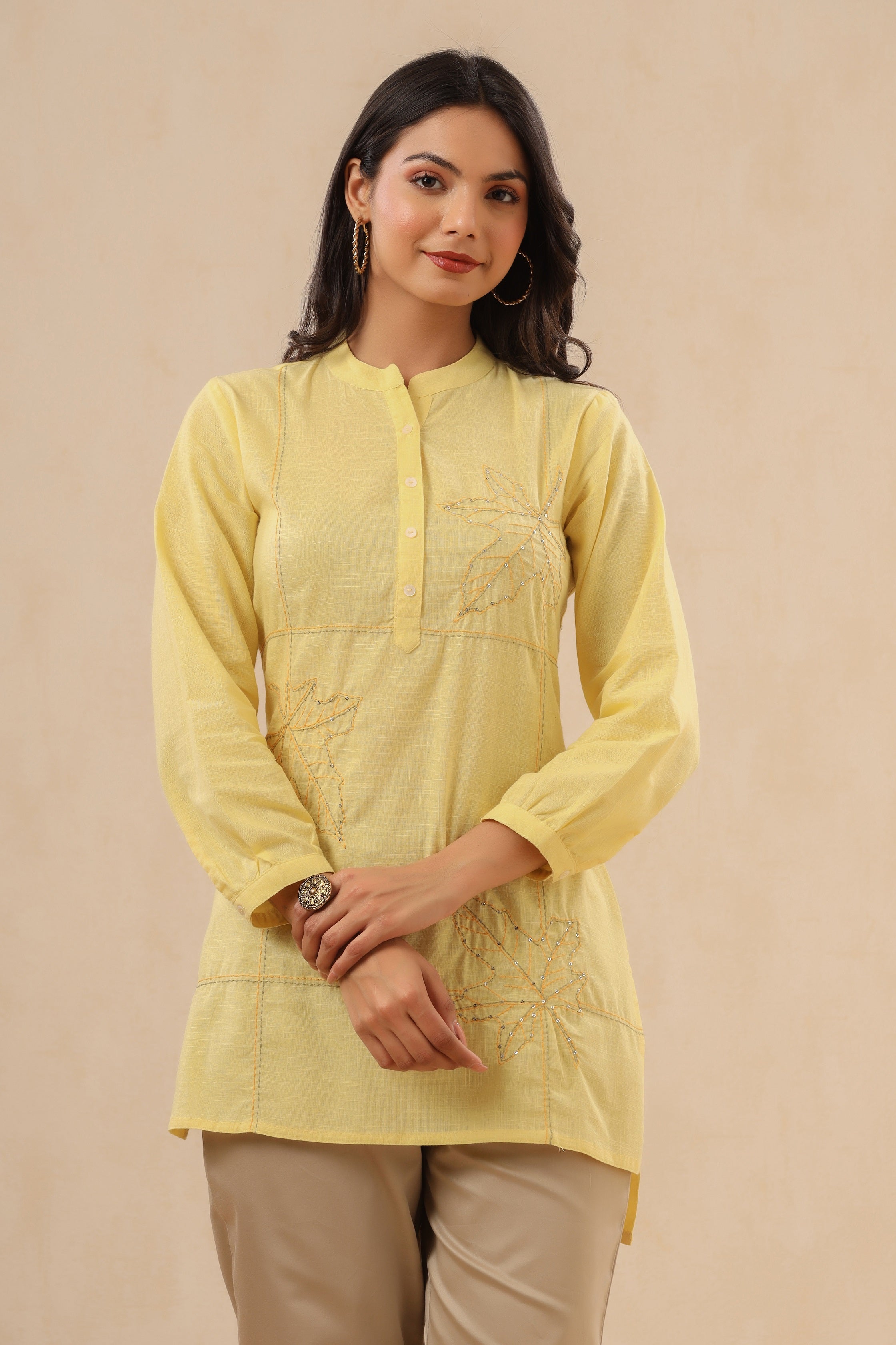 Juniper Womens Yellow Cotton Slub Embroidered High Low Tunic - Distacart
