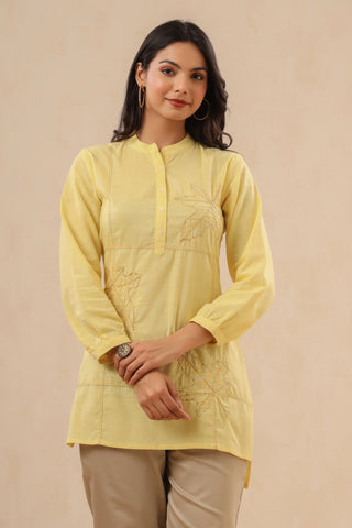 Juniper Womens Yellow Cotton Slub Embroidered High Low Tunic - Distacart