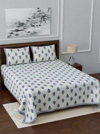LIVING ROOTS White & Navy Blue Printed 210 TC Cotton 1 Extra Large Bedsheet with 2 Pillow Covers - Distacart